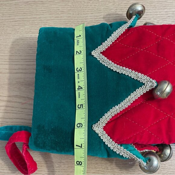 Vtg Velvet Quilted Christmas Stockings Red Green Jingle Bells Gold Trim Set of 2 - Picture 5 of 5